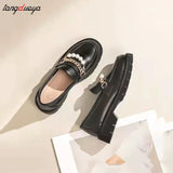 Platform Leather Shoes Women Chunky Thick Sole Round Toe Black Pu Shallow Pure British Style Retro Slip-on Leisure