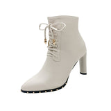Breakj Women's Shoes Rivevet Tip With High Heel Ankle Boots Thick Heel Leather Boots Fashion Women's