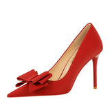 Breakj Korean Version Fashion Thin Heels, Silk, Shallow Pointed Bow Single High Heel Women's