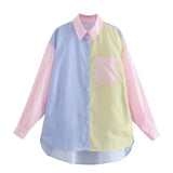 Women Contrast Color Splicing Striped Shirt Female Long Sleeve Blouse Casual Lady Loose Tops Blusas