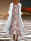 Spring Elegant Dress Suit Retro Printed Round Neck Dress Solid Jacket Two Piece Women 2022 New Fashion Office Long Dress