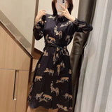 Tiger Print Sashes Turndown Collar Shirt Dress Female Long Sleeve Loose Clothes Casual Lady Vestido