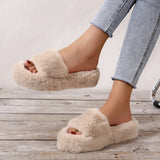 Women Fashion Warm Fluffy Slippers Cozy Faux Fur Slippers Indoor Outdoor Slides Soft Furry Ladies Flats Platform Slippers