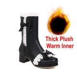 2021 Autumn Winter Cosplay Mid Long Boots Women Pink White Black Princess Ruffles Butterfly-knot Chunky Hees Lolita JK