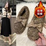 2022 Fashion Women's Short Mouth Suede Shoes Sequins Pearl Decoration Bowknot Thick Sole Plus Size Women's Shoes