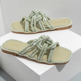 Slippers Personality Hemp Rope Upper Design Flat Sandals Women Casual Solid Color Square Toe Hollow Flat Heel Woman