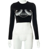 Puss Print Chain Crop Top Women Summer Casual Skinny Short Sleeve T Shirt Wild Streetwear Stretchy Sporty Waistless