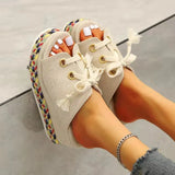 Summer New Slope Heels Color Braided Slippers Women's Large Size Straw Lace Heightened Women's High-Heeled