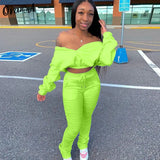 2021 Summer casual women off shoulder top stacked leggings two piece outfits sporty fitness activewear slim matching