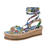 Women Sandals Ladies Platform Snake Pattern Sandals Open Toe Lace Ankle Cross Strap Slides Beach Outdoor Party