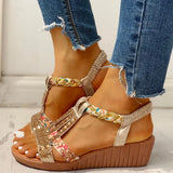 Breakj New Gladiator Wedge Heels Elastic Band Crystals Summer Women Shoes Woman Sandals Leisure Beach Sandals Large Size