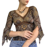 Khaki Vintage Print V Neck Flare Long Sleeve Y2K Tops Cute E Girl Fairy Grunge Aesthetic Graphic T Shirts for