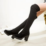 Women Boots Autumn Winter Ladies Fashion Flat Bottom Boots Shoes Over The Knee Thigh High Knitting Wool Long Brand
