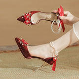 Flower Bow Pearl Chain Waterproof Platform Heel Heels Not Tired Wedding Shoes High