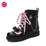 Martin Boots Plus Size Women Lolita Thick-Soled Lace Up Shoes Gothic Bat Wings Darkness Black Motorcycle Booties Metal