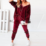 Velvet Tracksuits Women Sexy V Neck Pullover Sweatshirt And Harem Pants Two Piece Sets Loose Elegant Ladies