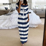 Summer New Fashion Striped Strapless Dress Loose Round Neck Short Sleeve Long Dress Casual Elegant Moon Star Printing