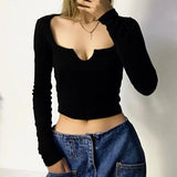 New Spring Women Square Collar Black Knitting Short T Shirt Casual Femme Long Sleeve Slim Crop Tops