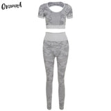 Women Tracksuit Seamless 2Piece Set Backless Top Sporty Leggings Wide Waistband Matching Casual Soft Stretchy
