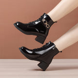 Leather English Style Rough Heel Martin Boots 2023 New Autumn And Winter Lacquered Leather Spring And Autumn Single Boots With Velvet Cotton