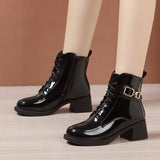 Leather English Style Rough Heel Martin Boots 2023 New Autumn And Winter Lacquered Leather Spring And Autumn Single Boots With Velvet Cotton