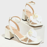 Breakj Sales Women's Shoes Orchid Head Coarse And Stone-Print White Fabric High Heel Sandals Coarse Heel High