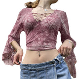 Khaki Vintage Print V Neck Flare Long Sleeve Y2K Tops Cute E Girl Fairy Grunge Aesthetic Graphic T Shirts for