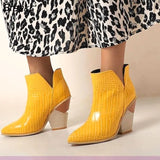 Cowboy Boots Women PU Leather Wedges High Heels slip on Cowgirl Booties Ankle botas Women's Shoes Yellow