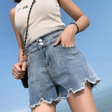 New Summer Women High Waist Hole Blue Denim Shorts Casual Female Single Breasted Jeans Vintage Ladies