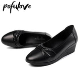Women Wedges Pumps PU Leather Heels Slip on Shoes Black Office Lady Shoes Spring Summer Pumps Shallow Platform