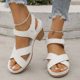 Breakj Cross Band Thick Heel Roman Sandal Summer Flowers Plus Size Velcro Open Toe Mid Heel