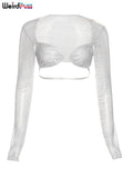 Puss Y2K Striped Mesh T-Shirt Long Sleeve Women Sexy Bandage Low Cut Tops Fashion Streetwear Summer Skinny Tees