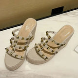 Sandals Woman Leather Suit Female Beige High Heels Shoes Muffins shoe Clogs Wedge Open Toe Low-heeled Studded Black