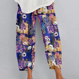 Fashion Loose Plus Size Elastic Waist Cropped Pants Casual Irregular Wide Leg Pants Multi-color Print Cotton Linen