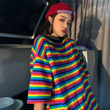 Spring Fall Oversize Women Tshirts Long Candy Streetwear Casual Striped T-shirt Harajuku Patchwork Tops Long sleeve