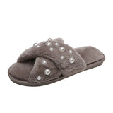 2024 New Flat-Bottomed Pearl Cross Wool Slippers Woman Candy Colored Cotton Slippers