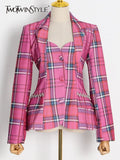 Rose Plaid Blazers For Women Slim Cut Out Back Lapel Long Sleeve Colorblock Coats Female 2022 Autumn Fashion