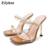 Clear PVC Transparent High Heel Slippers Summer Fashion Chain Design Slip On Square Toe Slides Women Mules