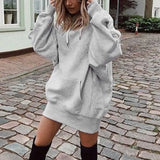 2021 Autumn Winter Warm Ladies Loose Dress Casual Solid Color Women Hooded Dress Fashion Pockets Long Sleeve Pullover