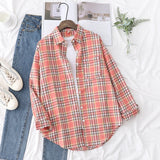 New Fashion Loose Womens Plaid Shirt Fresh College Style Design Blouses And Tops Long Sleeve Casual Female Checked