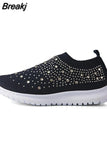 Women Sneakers Mesh Breathable Rhinestone Casual Platform Shoes For Ladies Slip On Comfortable Outdoor Female