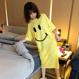 Happy Smile Face Pattern O Neck Short Sleeves Home Plus Size Cotton Nightowns for Women One Piece