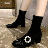 Ankle Boots Woman Pearl Mid Heel Shoes Female Zipper Flower Pu Pointed Toe Comfort Ladies Shoe Elegant Women