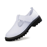 Thick Heels Pumps Shoes Black White Genuine Leather Velcro Mary Janes Wedge Platform Round Toe Lolita Nurse Female