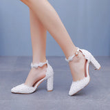 Breakj Lace Pointed Women's Singles Lace Wedding Dress Shoes Spring Thick Heel Sharp Sandals White Wedding Shoes