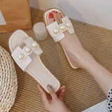 Slippers Fashion Pearl Design Elegant Flat Shoes 2021 Sell Well Korean Version Beige Low Heel Ladies Flip Flop