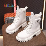 Motorcycle Boots Punk Gothic White Black Ankle Boots Female PU Leather Lace Up Combat Platform Shoes Ladies