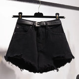 New Summer Women High Waist Hole Blue Denim Shorts Casual Female Solid Color Frayed Black Jeans Shorts With