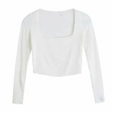 Women Square Collar Knitting Short T Shirt Casual Femme O Neck Long Sleeve Crop Tops