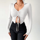 Women Turn Down Collar Drawstring Crop Tops Brown Autumn Sexy Casual Ruched Fashion Vintage Female Skinny T-shirt